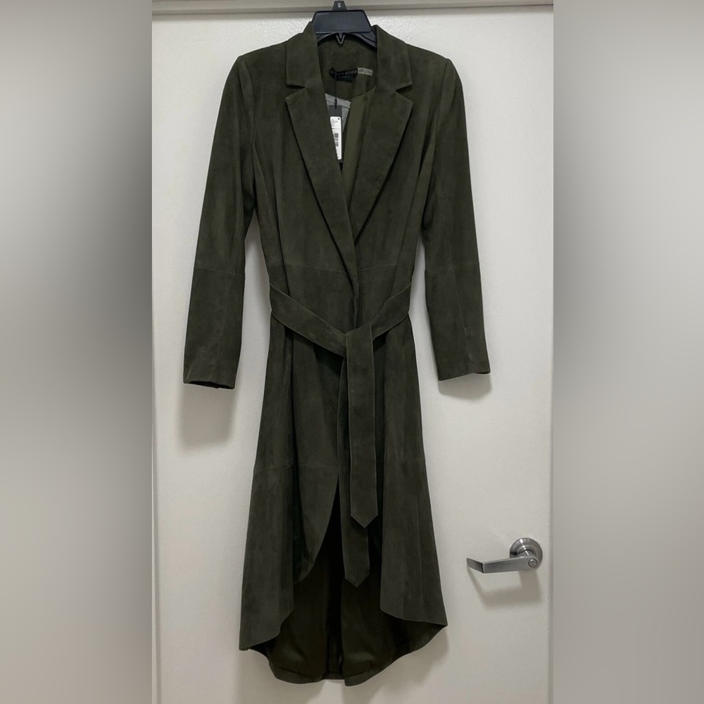 NWT Alice + Olivia Moss Green, Lamb Leather/Suede, Trench Coat Size Small